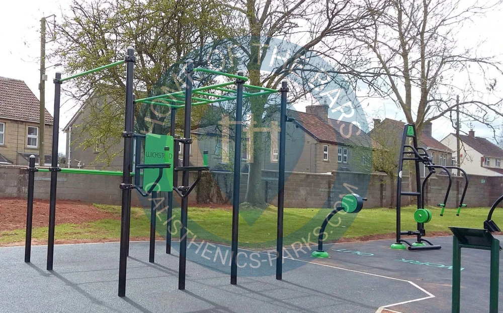Calisthenics park in Elm View, North Road, Hayes Park, Midsomer Norton, Bath and North East Somerset, West of England, England, BA3 2QB, United Kingdom
