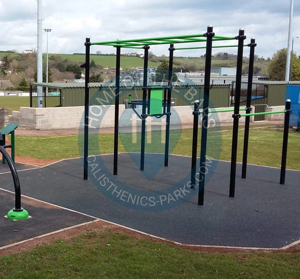 Calisthenics park in Elm View, North Road, Hayes Park, Midsomer Norton, Bath and North East Somerset, West of England, England, BA3 2QB, United Kingdom